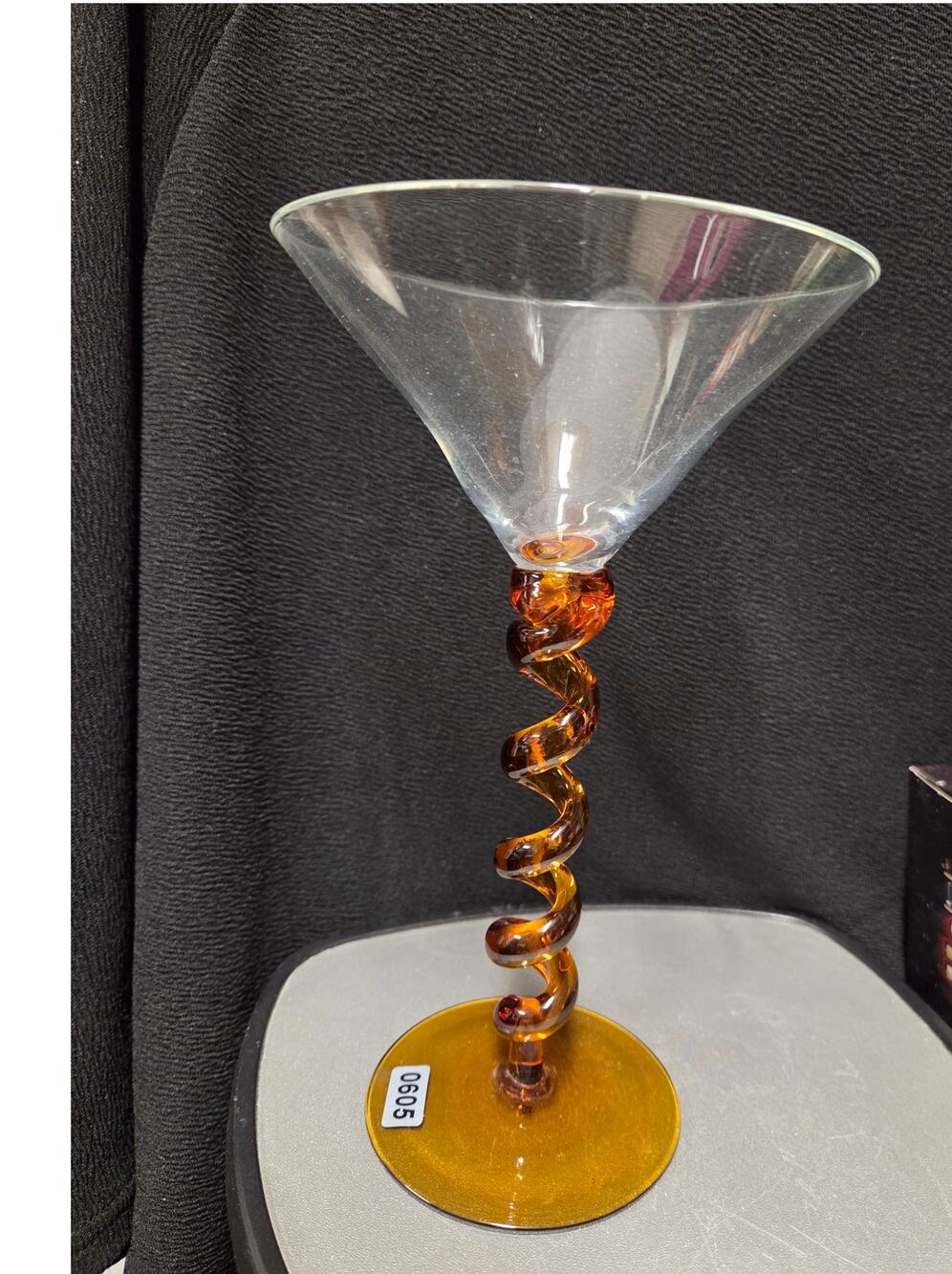 Amber Spiral Stem Martini Glass Clear Art Glass Cocktail Goblet Twisted Stem
